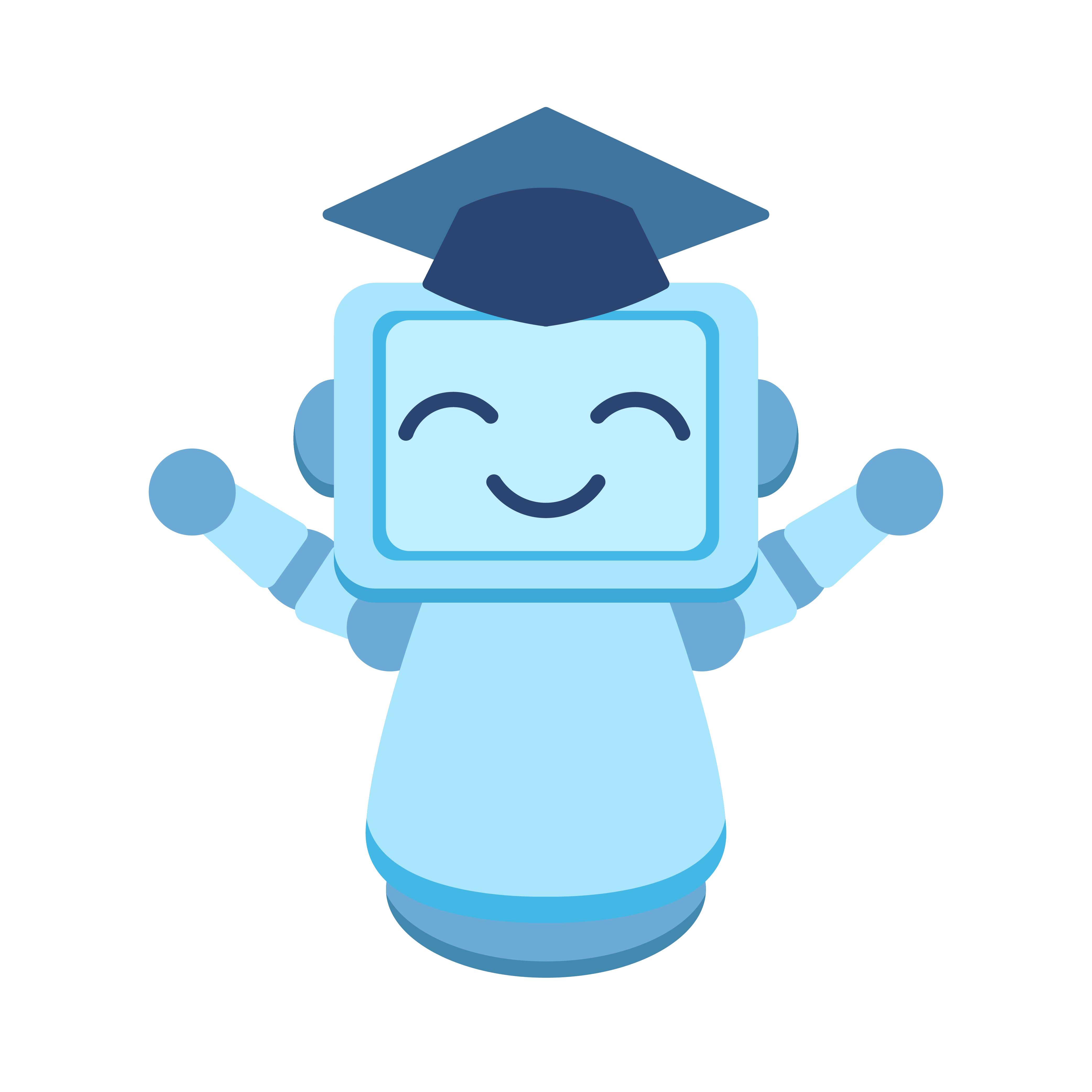 Budy, the Studibudy mascot: a friendly blue robot with a graduation cap, smiling and waving